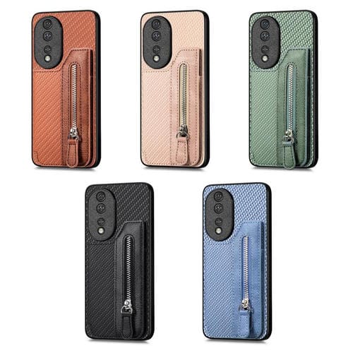 Funda de teléfono con tapa horizontal y cremallera de fibra de carbono para Honor 400 Lite (marrón)