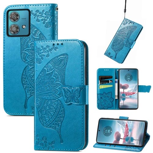 Funda de Cuero para Motorola Edge 40 Neo Butterfly Love Flower en Relieve (Azul)