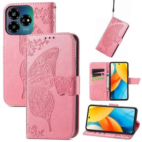 Funda de Cuero con Relieve Mariposa y Flor para ZTE Blade V60 Vita (Rosa)