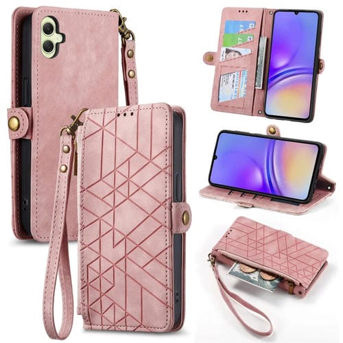 Funda para Teléfono Samsung Galaxy A05 Cuero con Hebilla Lateral y Billetera con Cremallera Geométrica (Rosa)