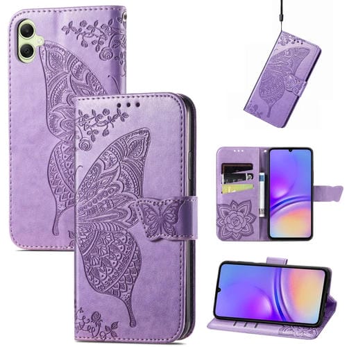 Funda para Teléfono Samsung Galaxy A05 Cuero Relieve Flor de Amor y Mariposa (Púrpura Claro)
