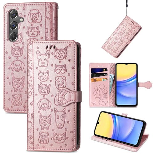 Funda para Teléfono Samsung Galaxy A15 Cuero Relieve Perro y Gato (Oro Rosa)