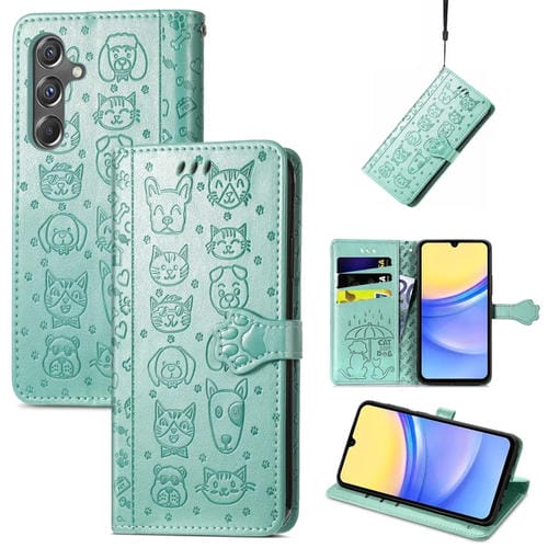 Funda para Teléfono Samsung Galaxy A15 Cuero con Relieve de Gato y Perro (Verde)