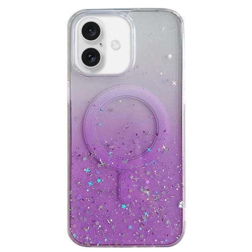 Funda híbrida de TPU transparente con purpurina MagSafe para iPhone 16 Plus (morada)