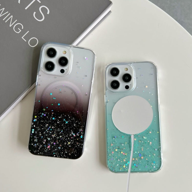 Funda híbrida de TPU transparente con purpurina MagSafe para iPhone 16e (morada)