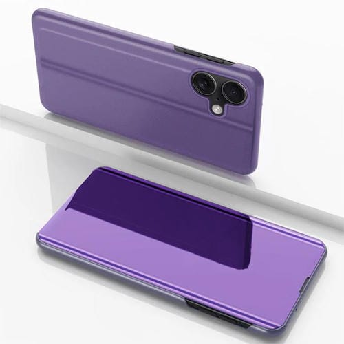 Funda de cuero con tapa horizontal y espejo chapado para iPhone 17 con soporte (morado y azul)