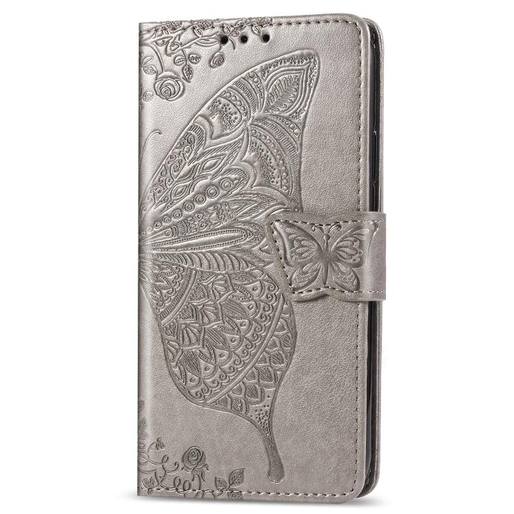 Funda de Cuero con Relieve Mariposa y Flor para iPhone 16E (Gris)