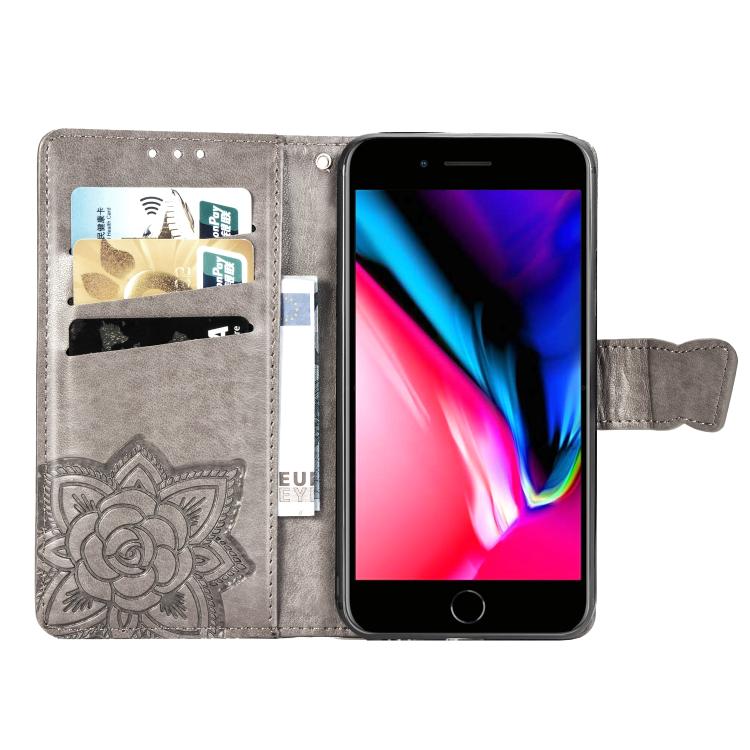 Funda de Cuero con Relieve Mariposa y Flor para iPhone 16E (Gris)