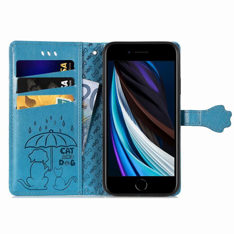 Funda de Piel con Relieve de Gato y Perro para iPhone 16E (Azul)