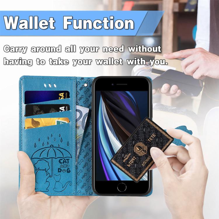 Funda de Piel con Relieve de Gato y Perro para iPhone 16E (Azul)