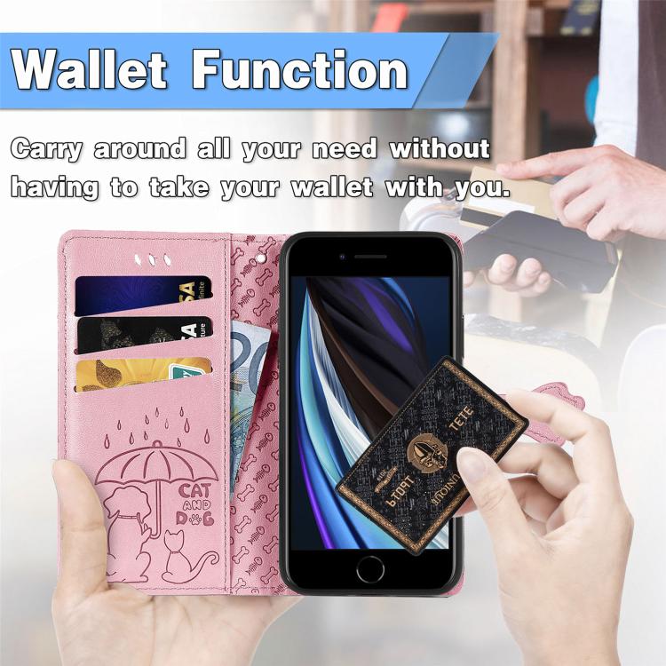 Funda de Piel con Relieve de Gato y Perro para iPhone 16E (Rosa)