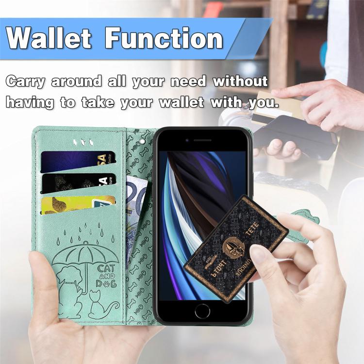 Funda de Piel para iPhone 16E con Estampado de Gato y Perro (Verde)