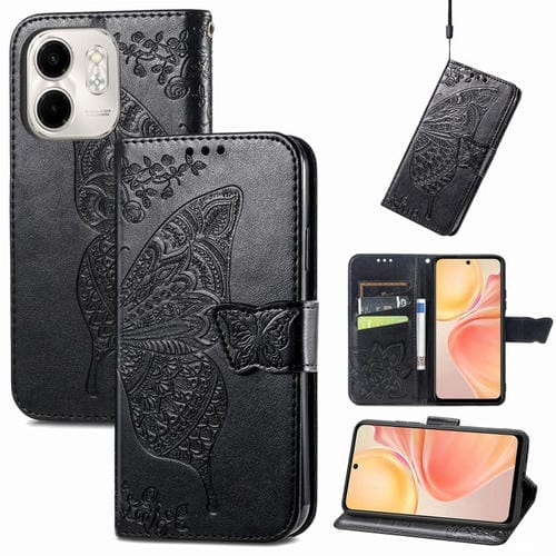 Funda de Cuero con Relieve Mariposa y Flor para Infinix Smart 9 (Negro)