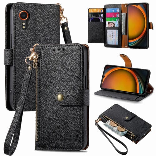 Funda de Cuero para Samsung Galaxy Xcover 7 Love Zipper Lanyard para Teléfono (Negro)