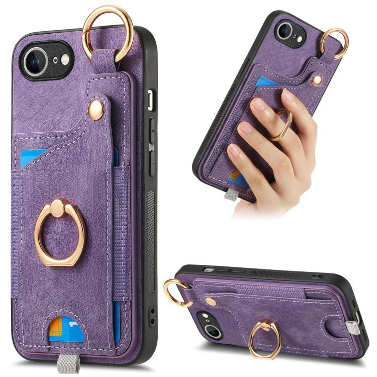 Funda para Teléfono iPhone 16E con Anillo y Tarjetero Estilo Retro con Asa para Colgar (Morado)