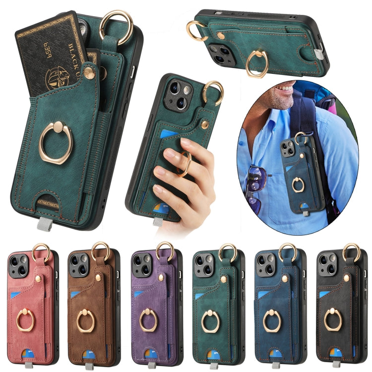 Funda para Teléfono iPhone 16E con Anillo y Tarjetero Estilo Retro con Asa para Colgar (Morado)