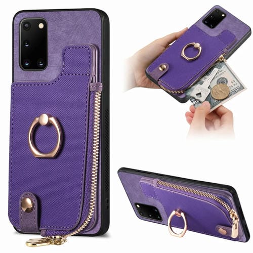 Funda para Teléfono Samsung Galaxy A21S con Anillo de Cuero Cruzado Cremallera Vertical y Billetera Trasera (Negro)