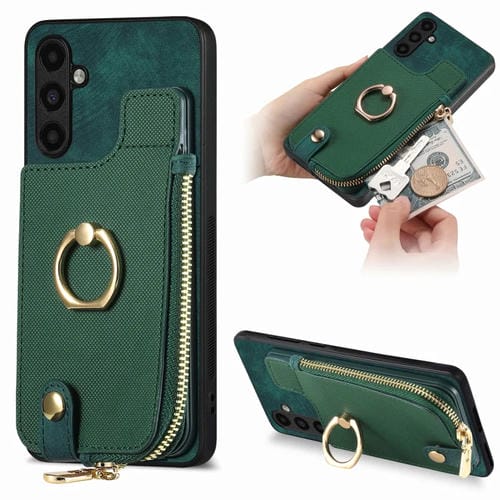 Funda para teléfono Samsung Galaxy A14 4G y 5G con anillo de cuero cruzado, cremallera vertical y billetera trasera (Verde)