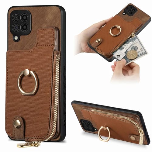 Funda para Teléfono Samsung Galaxy M53 5G con Anillo de Cuero Cruzado Cremallera Vertical y Billetera Trasera (Marrón)