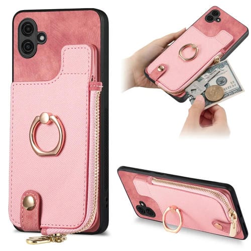 Funda para Teléfono Samsung Galaxy A05 Anillo Cuero Cruzado Cremallera Billetera (Rosa)