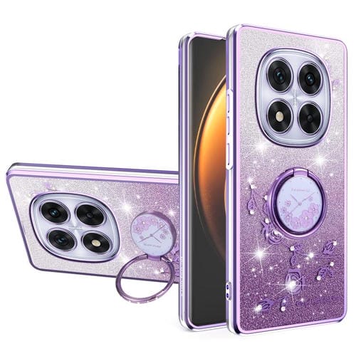 Funda para Teléfono con Anillo de Flores Inmortal con Purpurina Degradada para Xiaomi Redmi Note 14 Pro 5G, Todo Incluido (Morado)