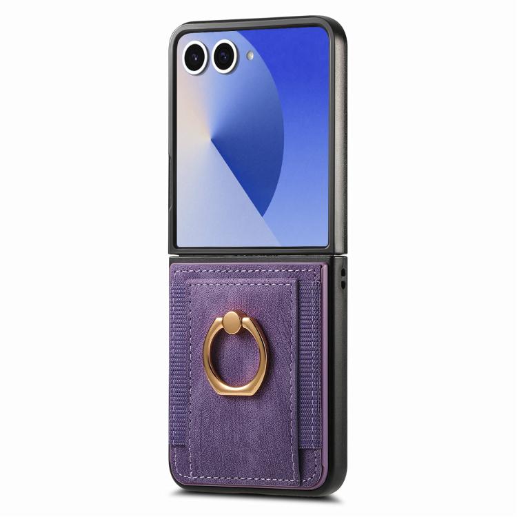 Funda para Samsung Galaxy Z Flip7 5G con diseño retro de piel sintética y tarjetero (morado)