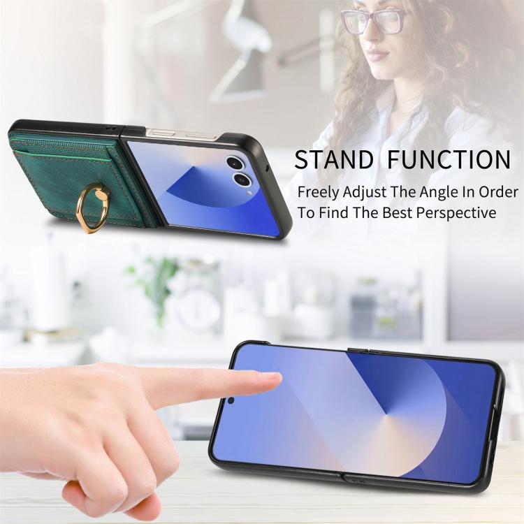 Funda para Samsung Galaxy Z Flip7 5G con diseño retro de piel sintética y tarjetero (verde)