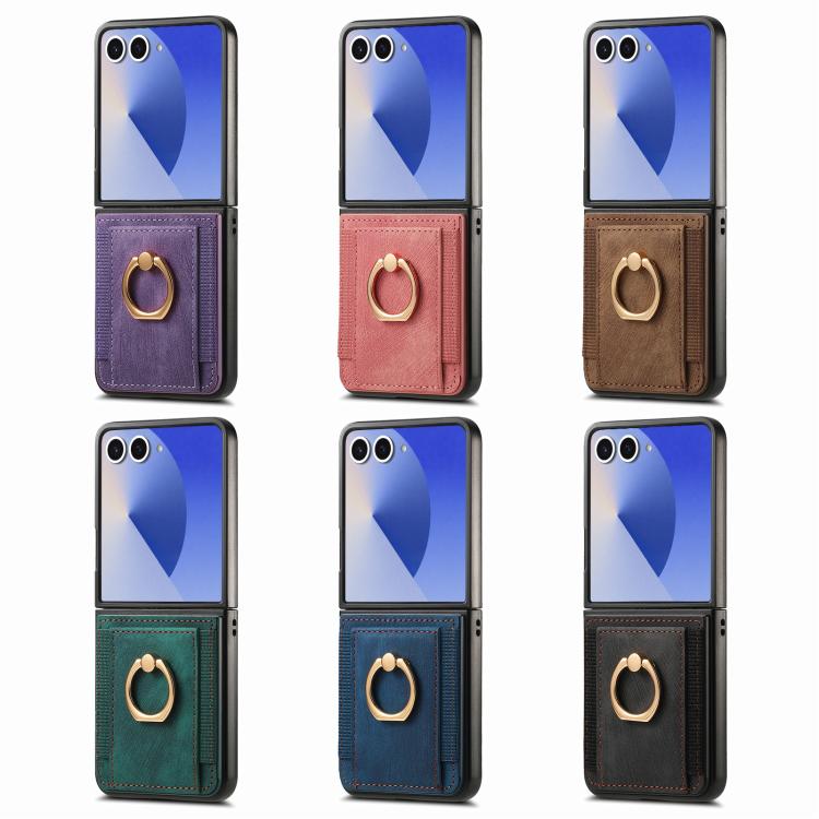 Funda para Samsung Galaxy Z Flip7 5G con diseño retro de piel sintética y tarjetero (azul)
