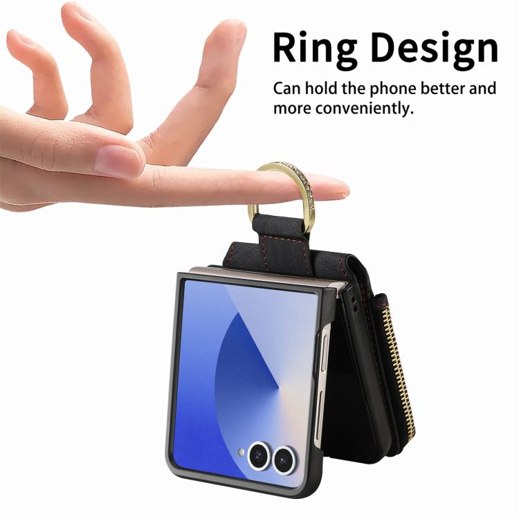 Funda tipo cartera con cremallera vertical y anillo retro para Samsung Galaxy Z Flip 7 5G (negra)