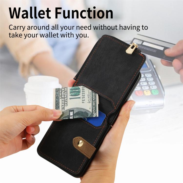 Funda tipo cartera con cremallera vertical y anillo retro para Samsung Galaxy Z Flip 7 5G (negra)
