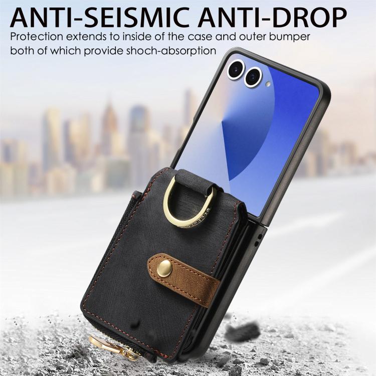 Funda tipo cartera con cremallera vertical y anillo retro para Samsung Galaxy Z Flip 7 5G (negra)