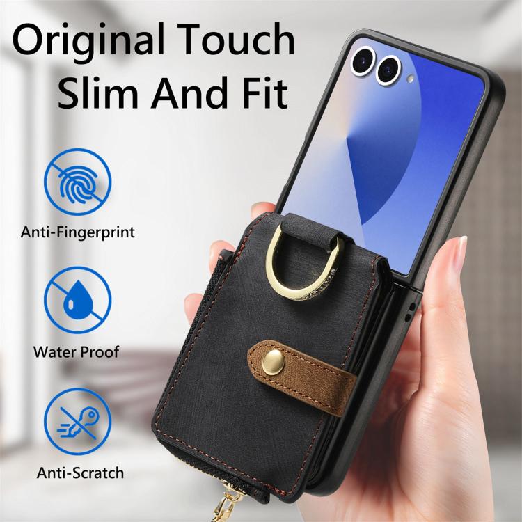Funda tipo cartera con cremallera vertical y anillo retro para Samsung Galaxy Z Flip 7 5G (negra)