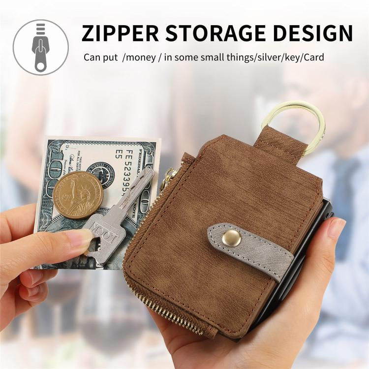 Funda tipo cartera con cremallera vertical y anillo retro para Samsung Galaxy Z Flip 7 5G (marrón)
