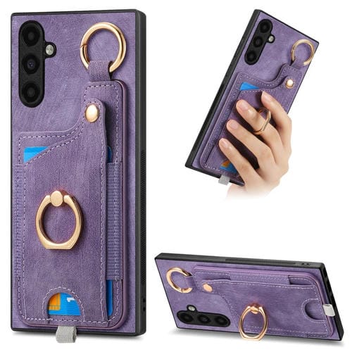Funda para Teléfono Samsung Galaxy A24 con Bolsa para Tarjeta y Anillo Sensación de Piel Retro con Lazo para Colgar (Púrpura)