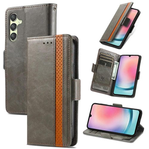 Funda de Cuero Caseneo Splicing para Samsung Galaxy A24 4G con Hebilla Magnética Dual (Gris)