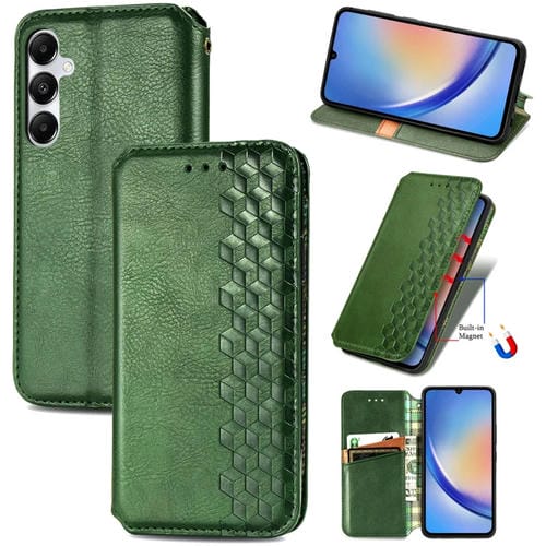 Funda para Teléfono Samsung Galaxy A35 5G Cuero Magnético Prensado Rejilla Cúbica (Verde)