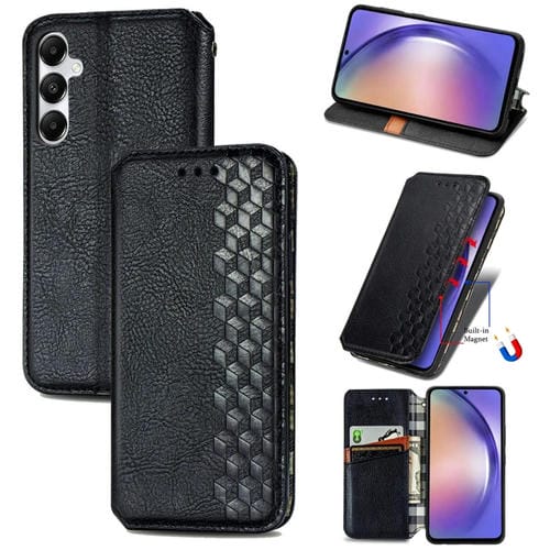 Funda para Teléfono Samsung Galaxy A55 5G Cuero Magnético Prensado Rejilla Cúbica (Negro)