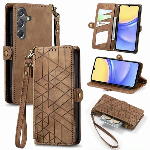 Funda de Teléfono Samsung Galaxy A15 Cuero Hebilla Lateral Billetera Cremallera Geométrica (Marrón)