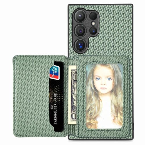 Funda para Teléfono Samsung Galaxy S24 Ultra 5G con Billetera Tarjeta Magnética Fibra de Carbono Bloqueo Rfid (Verde)