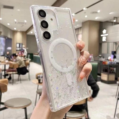 Funda híbrida de TPU transparente con purpurina MagSafe para Samsung Galaxy S25 5G (blanca)