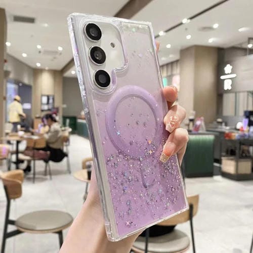Funda híbrida de TPU transparente con purpurina MagSafe para Samsung Galaxy S25 5G (morada)