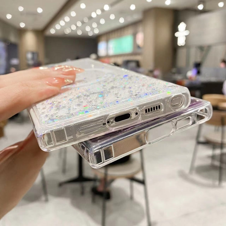 Funda híbrida de TPU transparente con purpurina MagSafe para Samsung Galaxy S25+ 5G (negra)