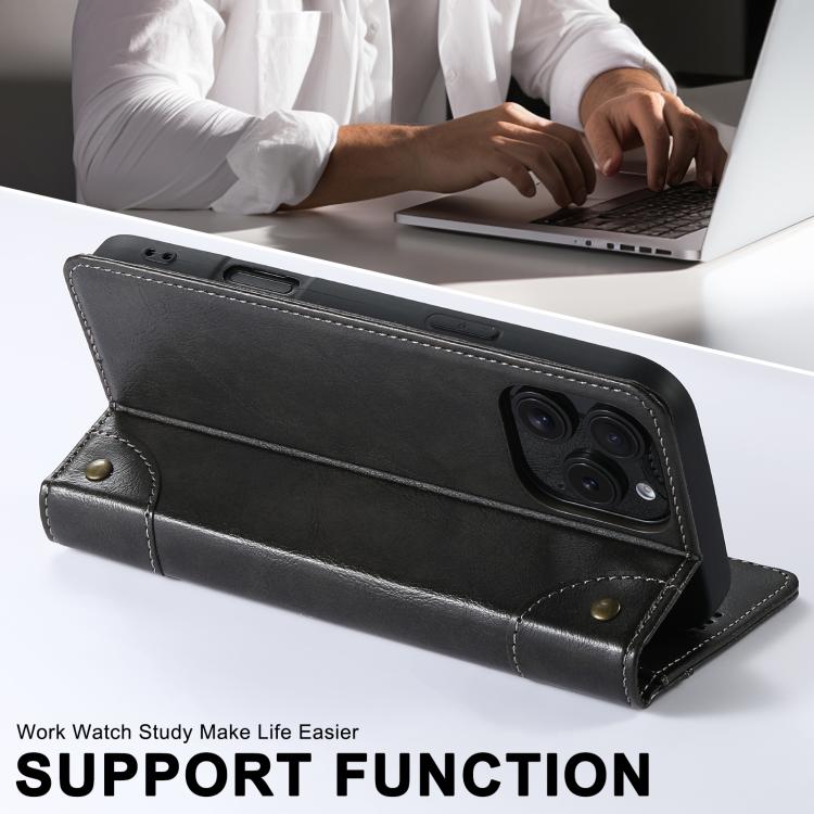 Funda Tipo Billetera Suteni para iPhone 16E Cuero con Hebilla Textura Becerro (Negro)
