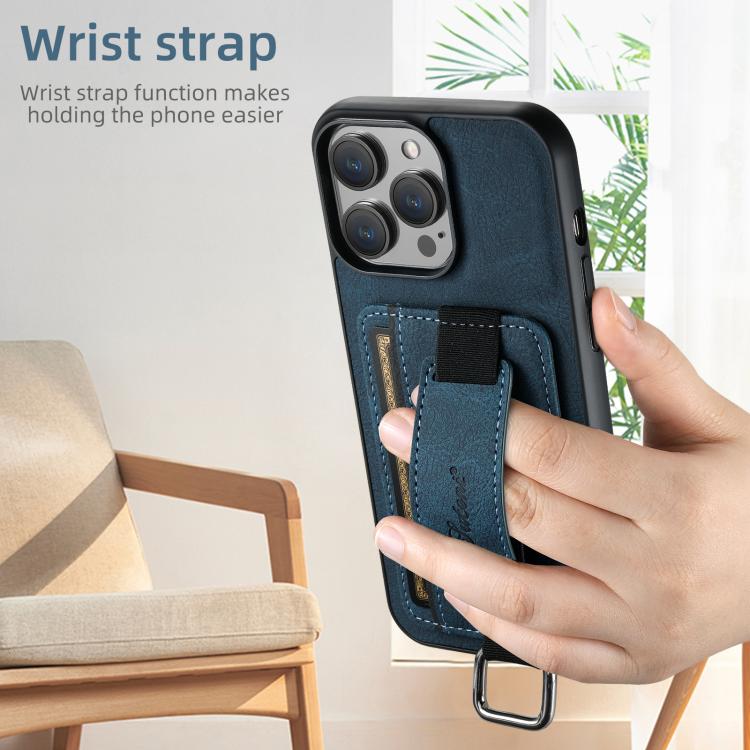 Funda para iPhone 16E Suteni H13 con Correa de Muñeca de Cuero de Lichi (Azul)