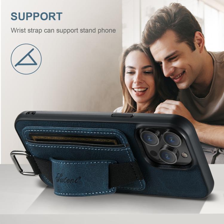 Funda para iPhone 16E Suteni H13 con Correa de Muñeca de Cuero de Lichi (Azul)