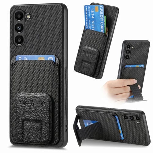 Funda para Teléfono Samsung Galaxy S21 FE 5G con Soporte Plegable y Bolsa para Tarjetas de Fibra de Carbono (Negro)