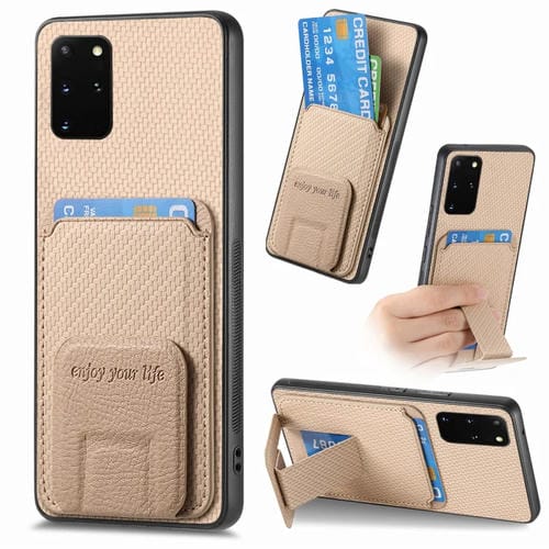 Funda para Teléfono Samsung Galaxy S20 con Soporte Plegable y Bolsa para Tarjetas Fibra de Carbono (Caqui)