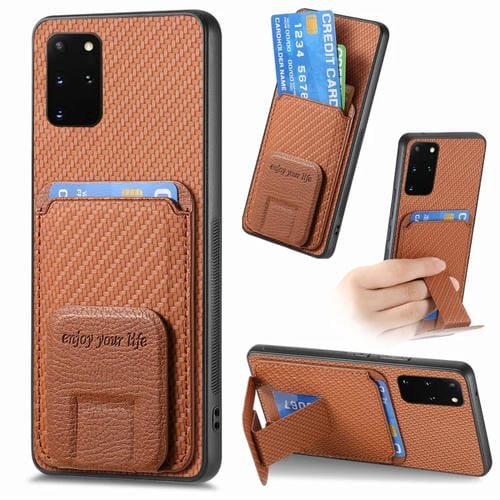 Funda para Teléfono Samsung Galaxy S20 con Soporte Plegable y Bolsa para Tarjetas de Fibra de Carbono (Marrón)