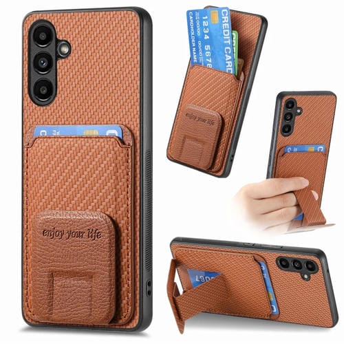 Funda para Teléfono Samsung Galaxy A34 5G con Soporte Plegable y Bolsa para Tarjetas de Fibra de Carbono (Marrón)