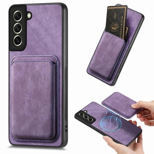 Funda de teléfono Samsung Galaxy S21 FE 5G magnética con bolsa de tarjeta de cuero retro (Púrpura)